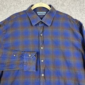 Seize Sur Vingt Button Shirt Mens XL Long Custom Blue Plaid Cotton Long Sleeve*